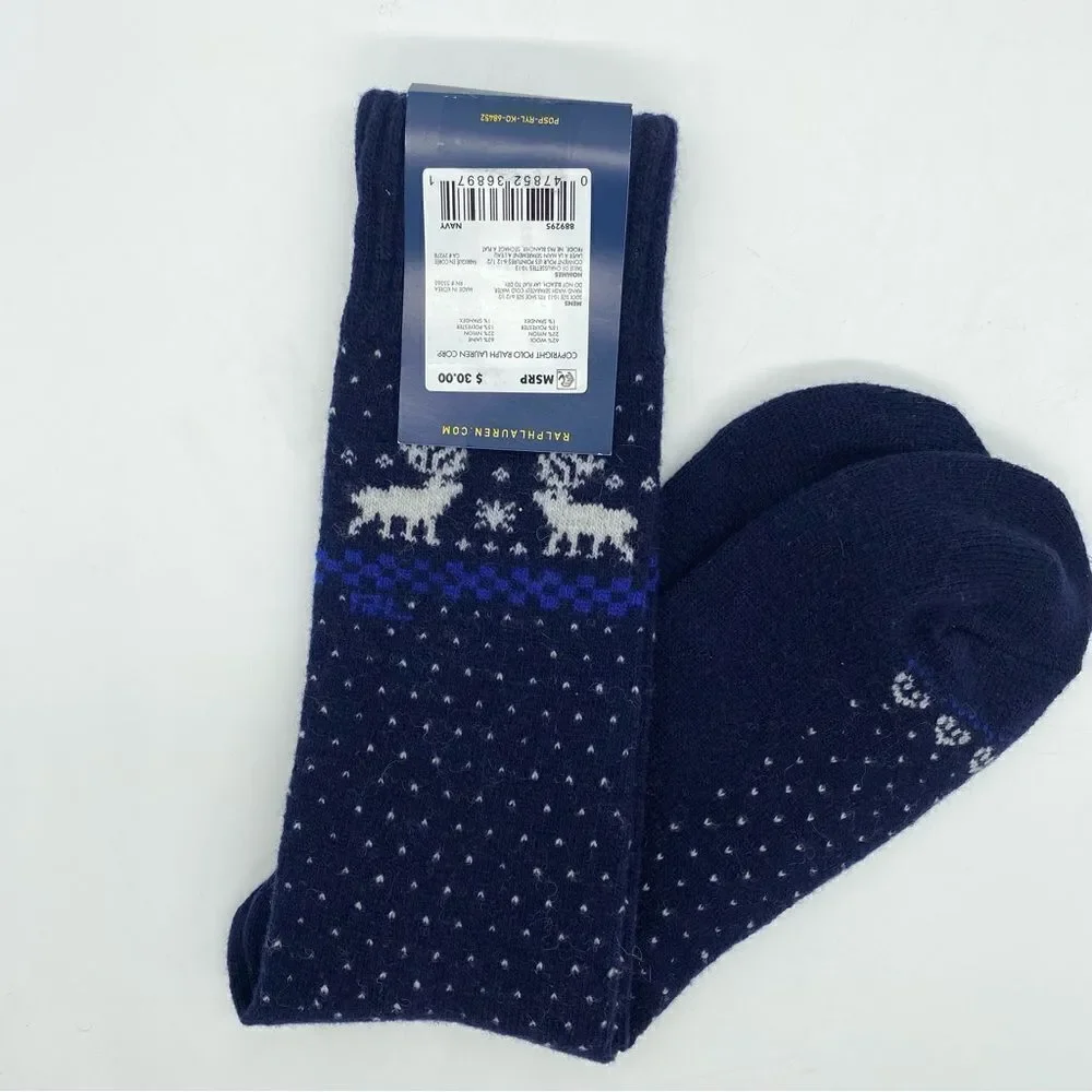 Polo Ralph Lauren Wool Dress Socks Intarsia Moose Navy Blue